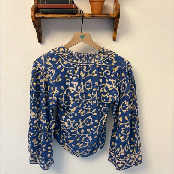 Free People On The Block Blue Combo Bell Sleeve Blouse | Size S - Picture 6 of 8